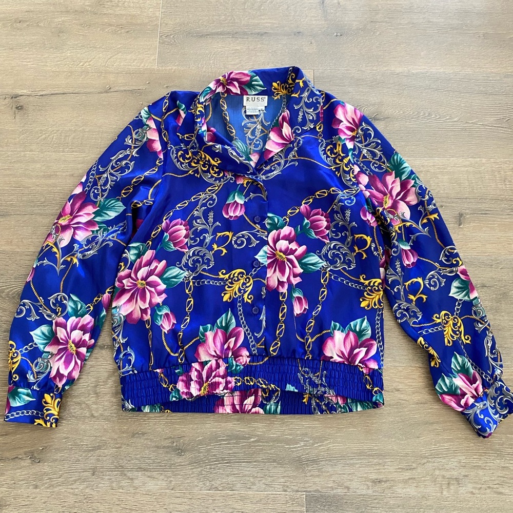 Russ Vintage 80s/90s Silky Floral Printed Long Sleeve Button Down Blouse Top